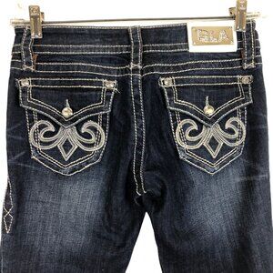 Grace in LA Womens Skinny Jeans 7 Bling Embellished Flap Pockets Dark Wash